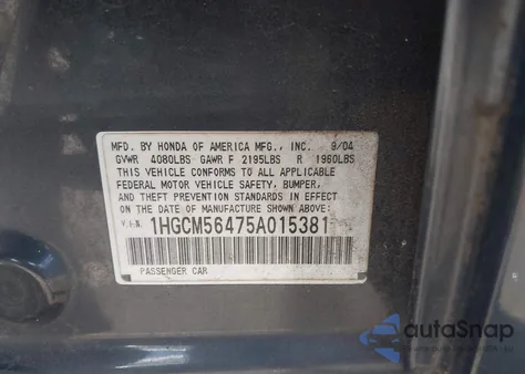 2005 Honda Accord Lx z USA, uszkodzony, nr VIN 1HGCM56475A015381